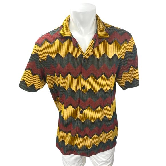 Zara Mens Multicolor Geometric Chevron Short Sleeve Button Down Shirt Top Size L - Picture 1 of 5